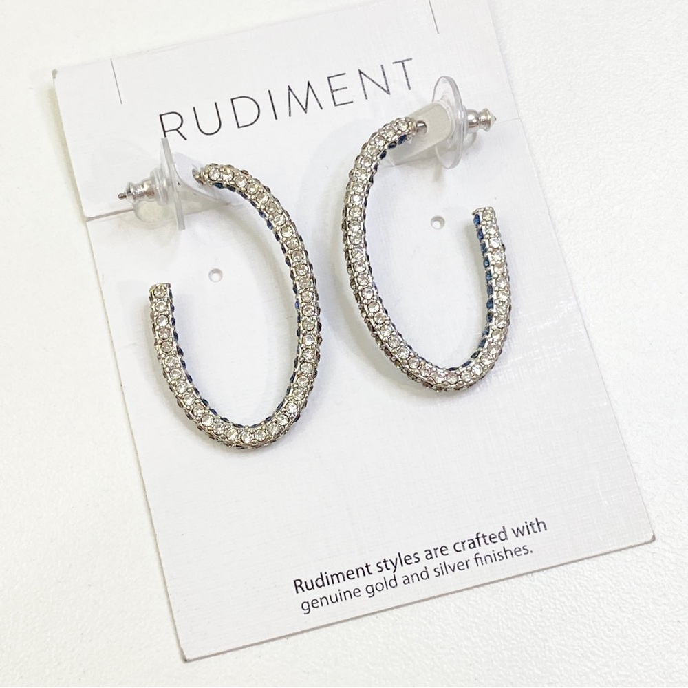 NWT Rudiment Blue, Clear, Gunmetal Crystal Silver Tone Hoop Earrings